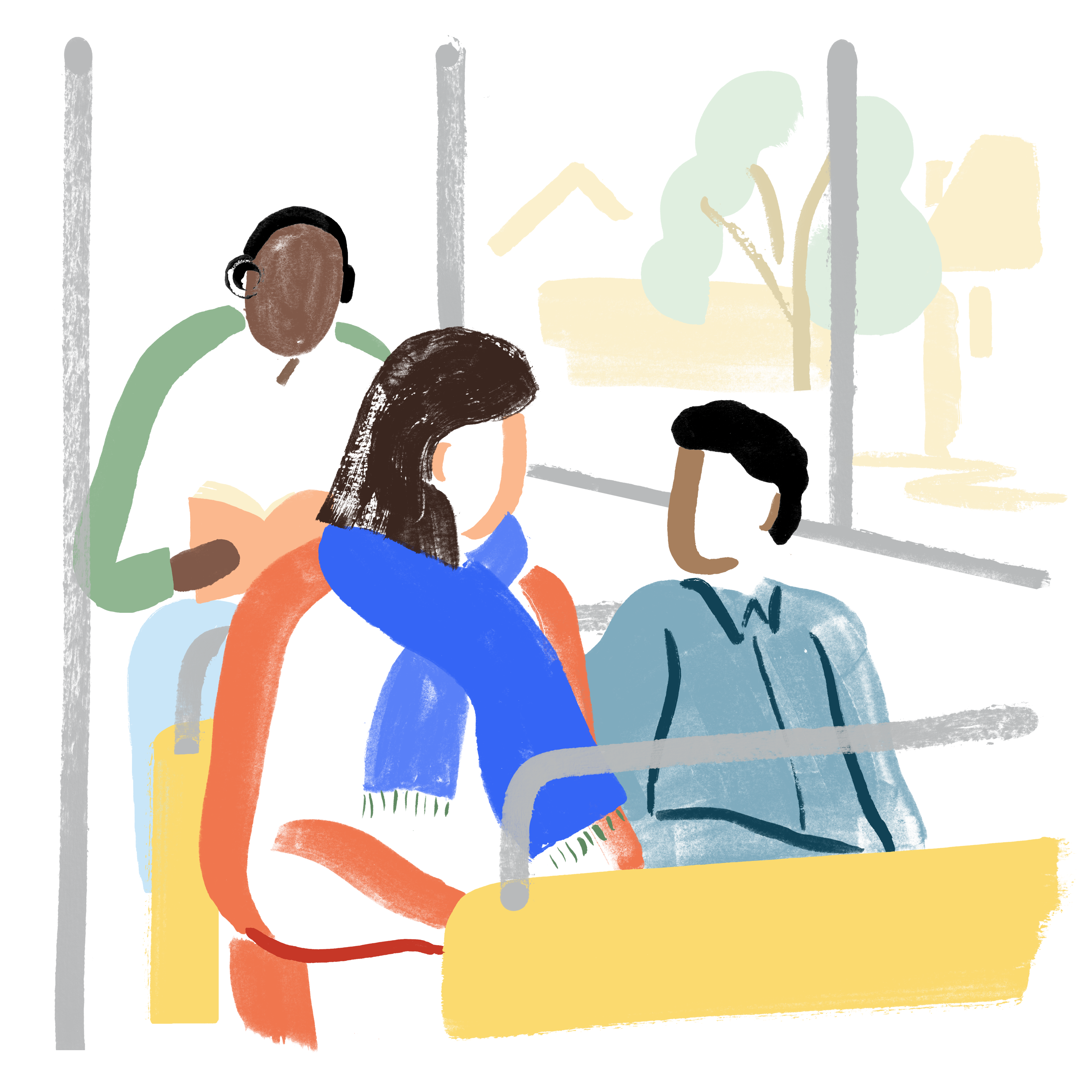 Illustrasjon av tre personer på kollektivtransport