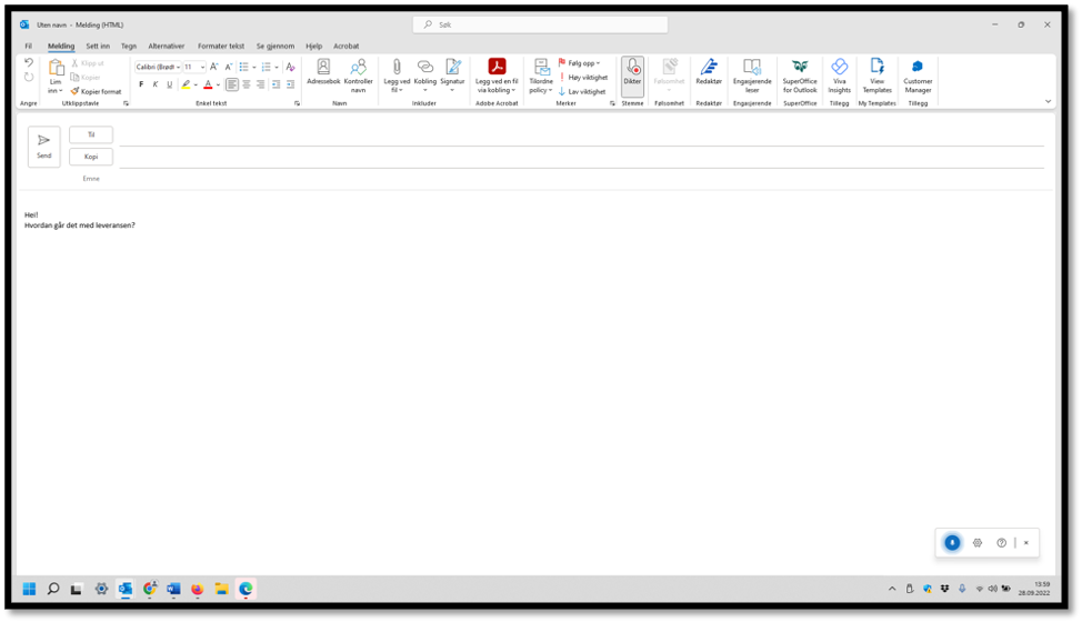 Skjermdump fra Microsoft Outlook som viser hvor man finner dikter-funksjonen samt et eksempel på bruk
