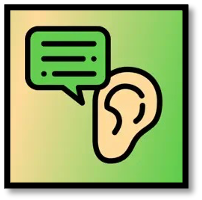 App-ikonet til Deaf-Mute-Communication påiPhone. Det illustrerer et øre og en boks med tekst.