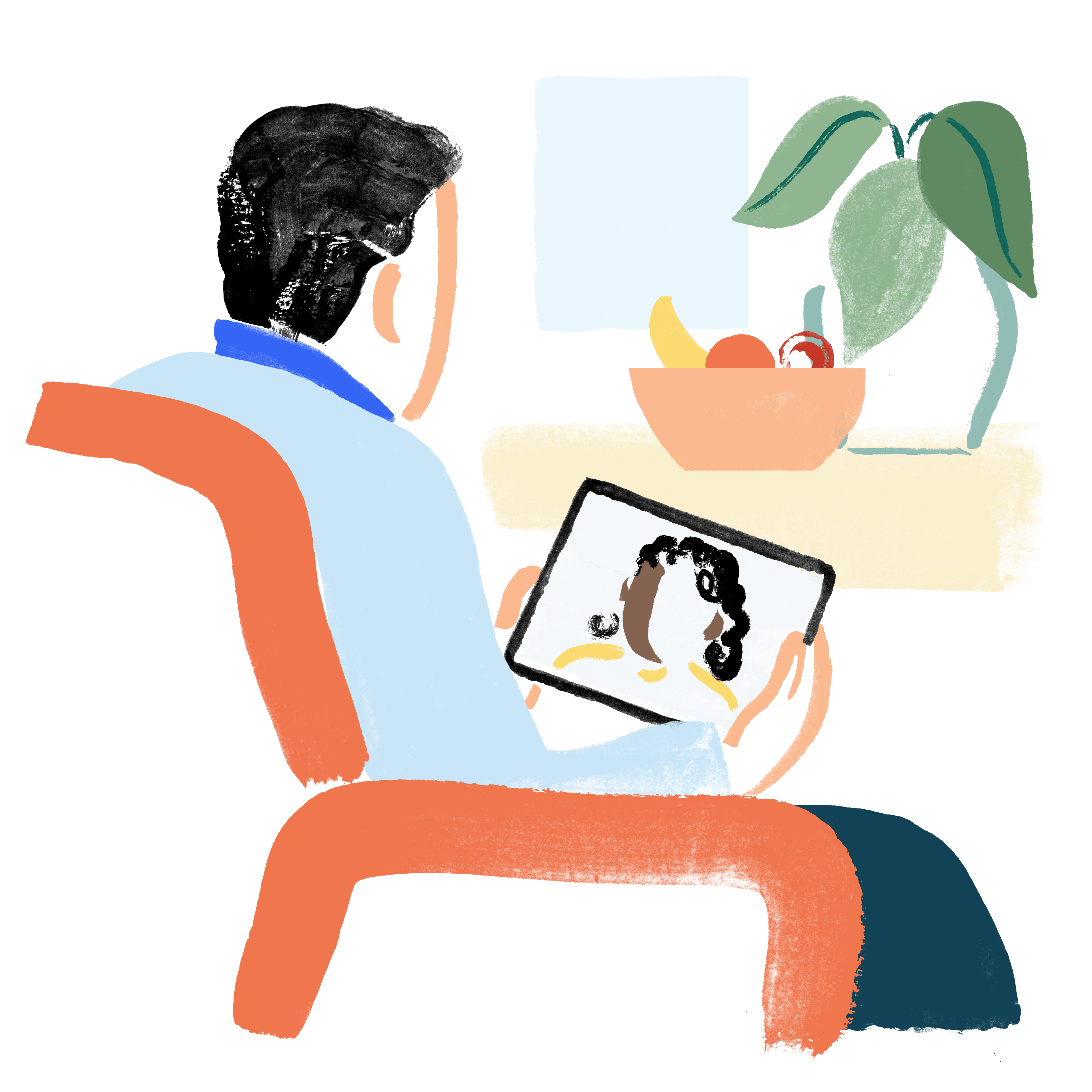 Illustrasjon av person i en stol som Facetimer noen på nettbrett