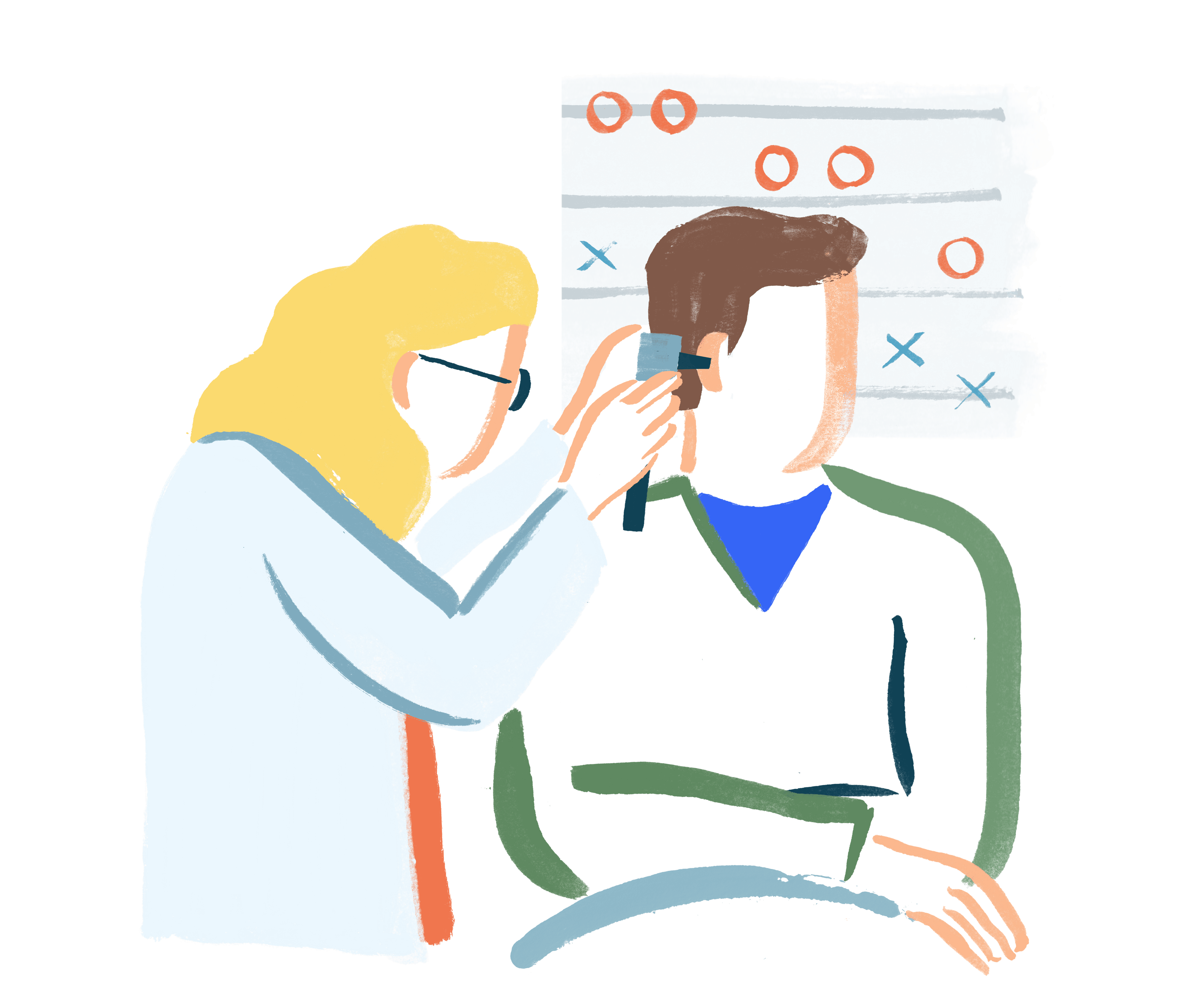 Tegnet illustrasjon av en øre-, nese-, halslege som undersøker øret til en pasient