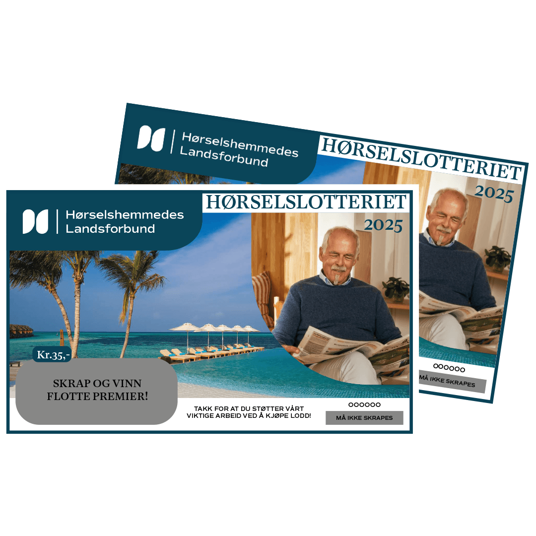 Bilde av to lodd fra Hørselslotteriet, med bilde av en middelhavsstrand som illustrerer hovedgevinsten, reisegavekort fra VING.